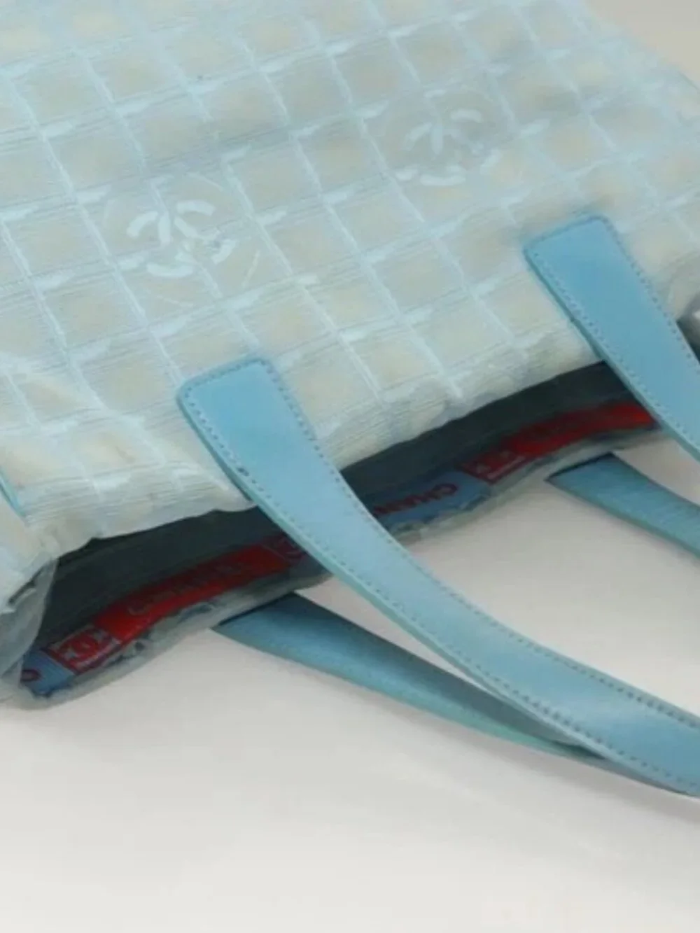 CHANEL New Travel line Tote Bag Light Blue Silver CC Auth 133486